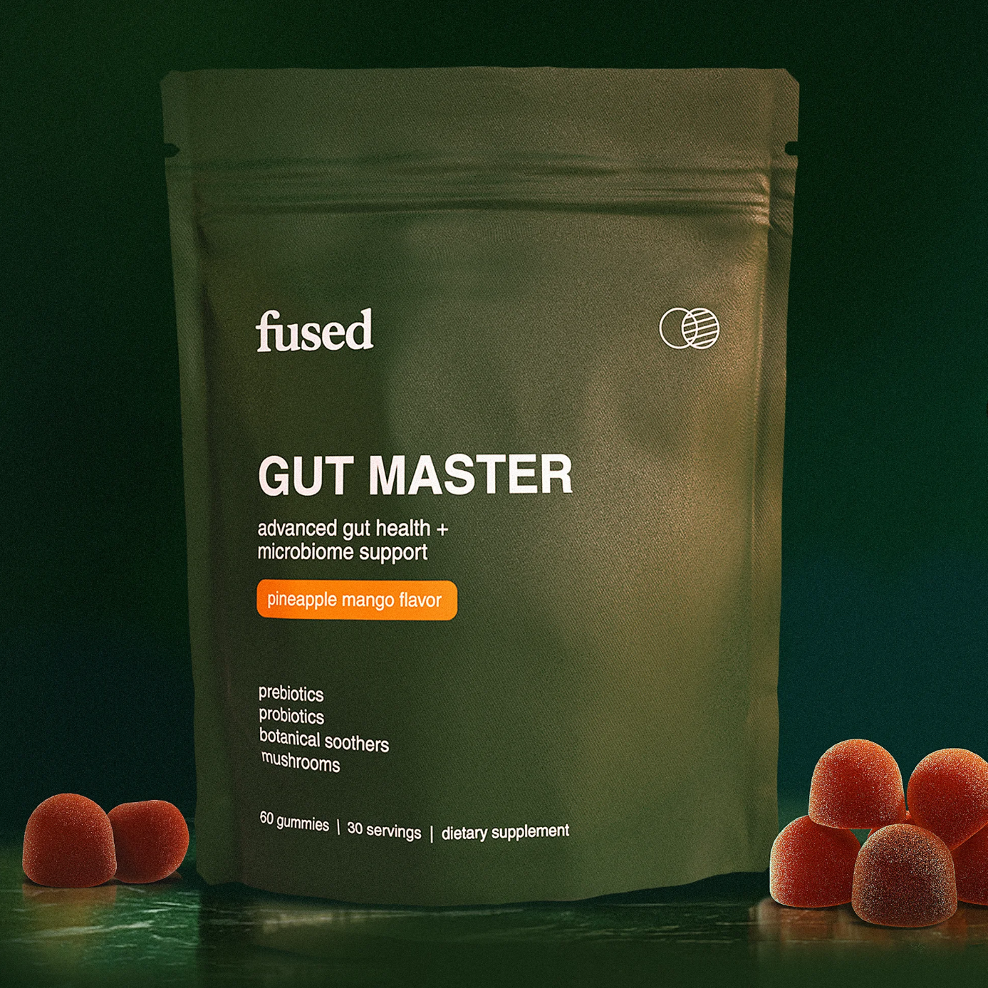 Fluxed Gut Master supplement package with gummies on a dark green background